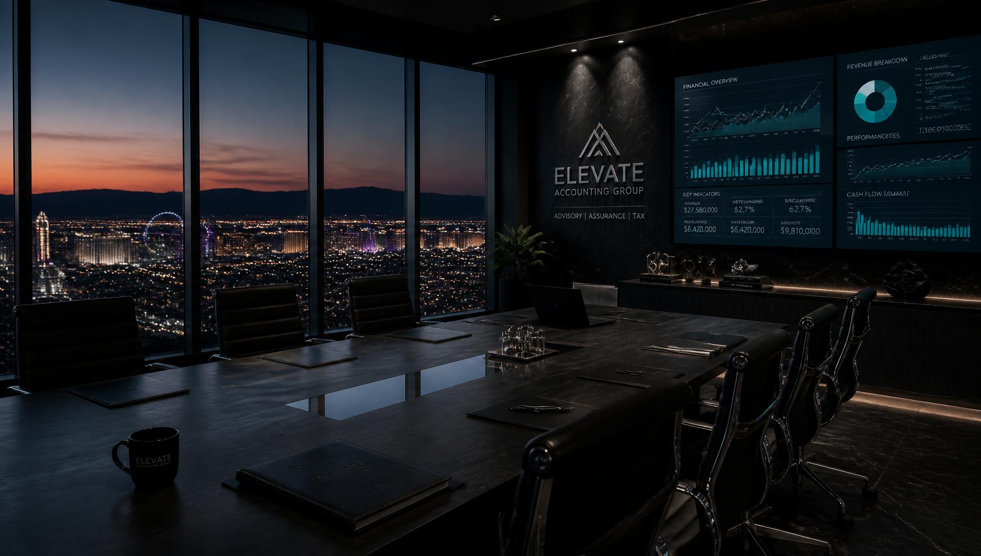 Executive boardroom with financial dashboards overlooking the Las Vegas skyline at dusk